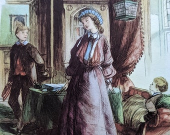 Könnte beinhalten: Eine Frau in einem lila Kleid und einem blauen Hut steht in einem Raum mit einem jungen Jungen und einem jungen Mädchen. Die Frau hält ein Buch. Der Raum ist mit einem Vogelkäfig und einem Gemälde dekoriert.