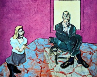 May include: A painting of two figures in a room with a pink wall. The figure on the left is a woman with blonde hair wearing a blue and white dress. The figure on the right is a man wearing a green suit and sitting on a chair. The man is looking at the woman. The painting is in a style reminiscent of Francis Bacon.