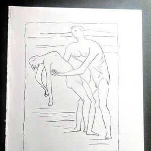 1952 Henry Moore Original Pencil Sketch For Mort De Mira Translation by Andre Guide of Goethe&#39;s Prométheé  Size Approx 9.75 x 7.25 Inches