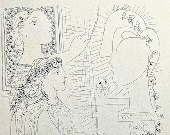 1956 Pablo Picasso, Paris, March 21, 1933 (Two Women before Sculptured Head). Etching. 1933 Original 1950&#39;s Vintage Print