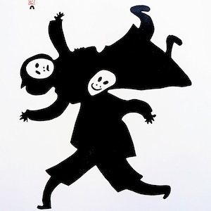 1974 Pudlo/Eegyvadluk  Man Carrying Reluctant Wife Vintage Print - Inuit Art - Wall Décor