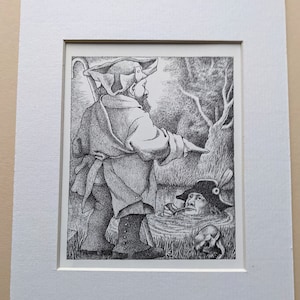 Peut inclure: Une illustration en noir et blanc d'un homme en chapeau et manteau debout au-dessus d'un homme en chapeau et manteau qui est submergé dans l'eau. L'homme dans l'eau tient un tuyau dans sa bouche.