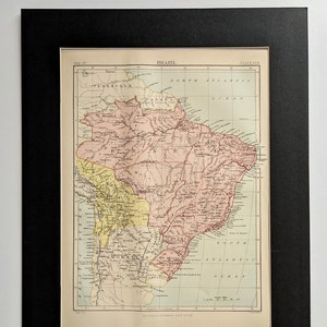 1898 年ブラジル地図オリジナルアンティークプリント - ヴィンテージ - 地図 - 南アメリカ - ラテンアメリカ - 地図作成 - マウントおよびマット付き