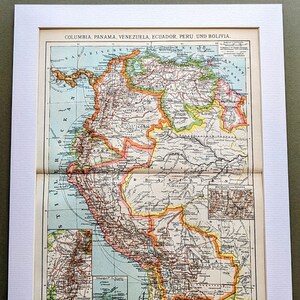 1908 年地図 コロンビア、パナマ、ベネズエラ、エクアドル、ペルー、ボリビア オリジナルアンティークプリント - リトグラフ - 地図 - マウント - 壁装飾