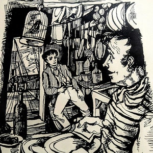1949 John Minton, Jim Hawkins en Long John - tekening voor Treasure Island Afdrukformaat ca. 6,5 x 5 inch.