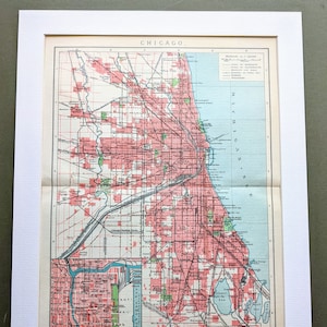 1908 イリノイ州シカゴの地図 オリジナルアンティークプリント - リトグラフ - 地図 - マウント＆マット - 壁装飾