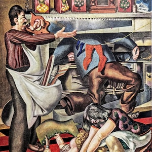 Pode incluir: Uma pintura que retrata uma cena caótica em uma casa. Um homem com uma camisa listrada e um avental está segurando uma serra, enquanto outro homem com uma camisa azul e calças marrons está pendurando meias em uma linha. Uma mulher com um vestido branco está segurando um bebê, e há vários objetos espalhados pela sala.