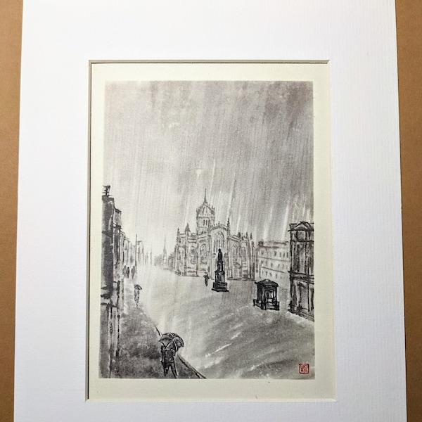 1948  St. Giles' in the Rain Vintage Print - Edinburgh - A Chiang Yee Illustration - Mounted & Matted
