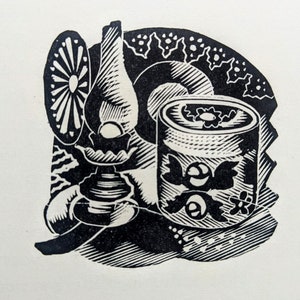 1950 John O' Connor Holzstich & Linolschnitt Gedruckt von den Original Blöcken 'Oil Lamp and Tin' Print Größe ca. 4,5 x 5 cm.