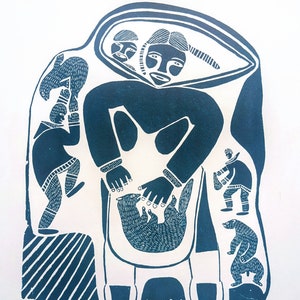 1974 Woman at Work Kuananaapik Vintage Print - Inuit Art - Canadian Artists - Wall Décor