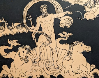 1892 Neptuno calmando las olas. Grabado antiguo original - Grecia antigua - Clásico - Poesía - Diseños de Pinelli