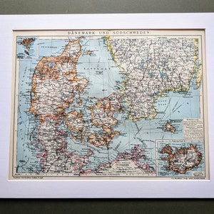 1908 年デンマークとスウェーデンの地図 オリジナルアンティークプリント - リトグラフ - 地図 - マウント＆マット - 壁装飾