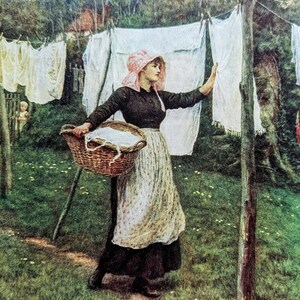 1909 Helen Allingham Trocknende Kleidung Antik Druck - Illustration - Britische Aquarellistin - Landhaus Dekor - Viktorianische Wand Dekoration
