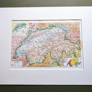Mapa da Suíça de 1948, impressão vintage francesa original - Atlas - Cartografia - Montado e com tapete - Decoração de parede