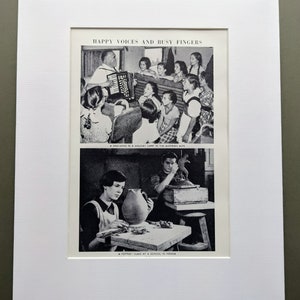 May include: A black and white photo of two scenes. The top scene shows a group of children singing along to a man playing an accordion. The bottom scene shows a pottery class in Vienna, Austria.