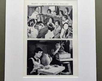 1956 Happy Voices And Busy Fingers Original Vintage Print  - Pottery Class - School in Vienna -  Matted & Mounted - Wall Décor
