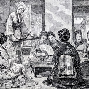 1878 Five O &#39;Clock Tea From The Painting By Louise Jopling Original Antique Engraving - Victorian Décor - Mounted Wall Décor
