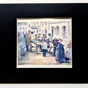 Impresión vintage original del Día de Mercado de 1904 en Bretaña, Francia - Niños del mundo - Retrato - Antiguo - Montado y enmarañado
