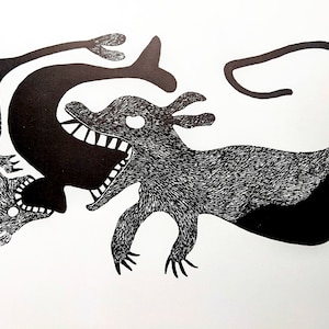1974 Sea Monsters devouring Whale Kiakshuk/Luktak Vintage Print - Inuit Art  - Wall Décor