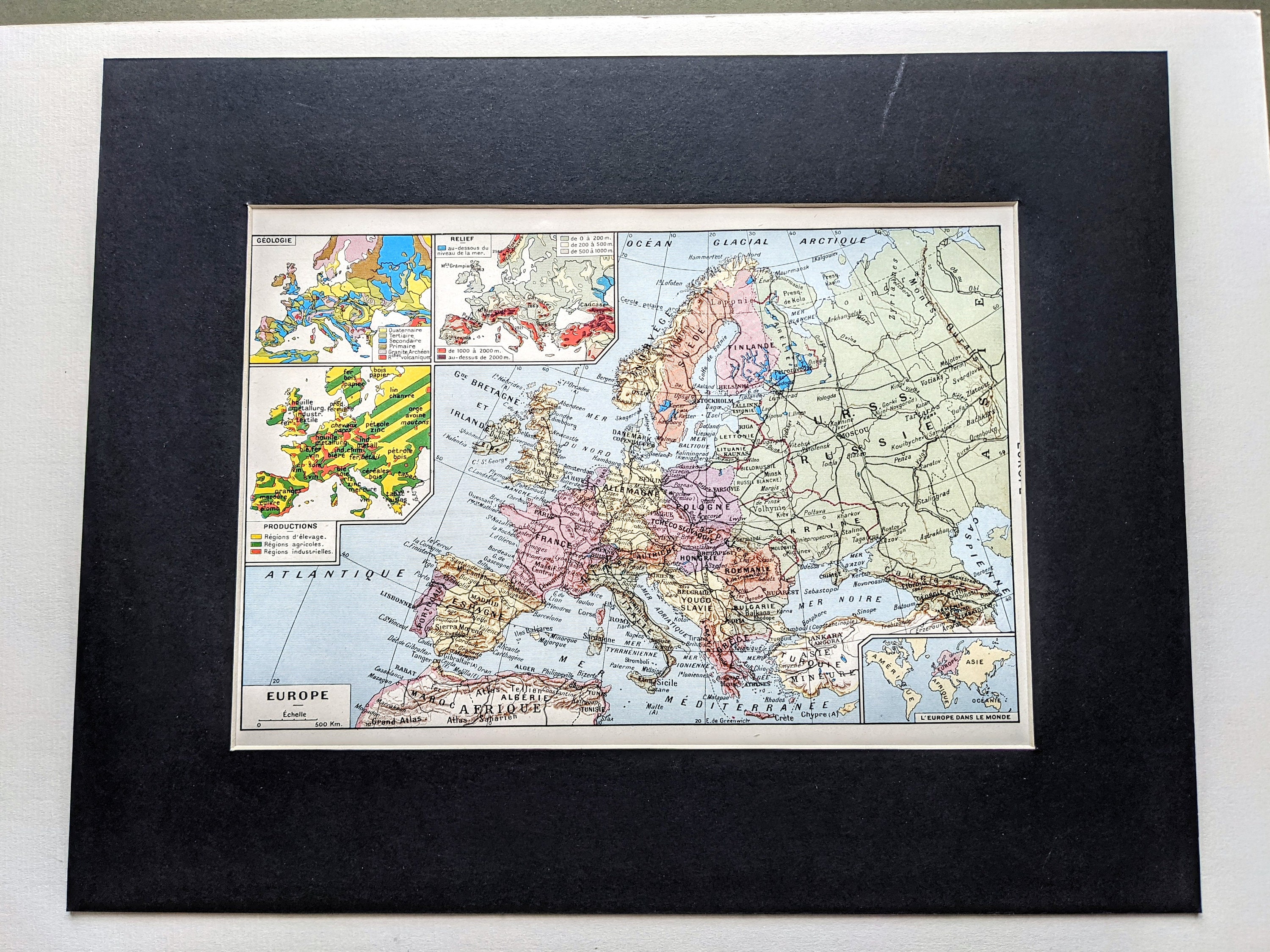 1948 A Map of Europe Mounted and Matted Agriculture Industrial Areas