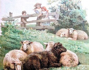 Impresión antigua original de 1896 "Un descanso tranquilo" - Ilustración infantil - Conejos - Helena Maguire - William Foster - Decoración de pared
