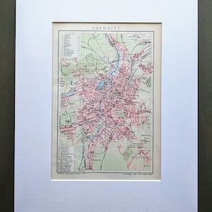1908 ケムニッツの地図 オリジナルアンティークプリント - ドイツ - リトグラフ - 地図 - マウント＆マット - 壁装飾