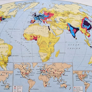 Mapa do Mundo de 1948 - Impressão Vintage Francesa Original - Atlas - Cartografia - Montado e com Tapete - Decoração de Parede