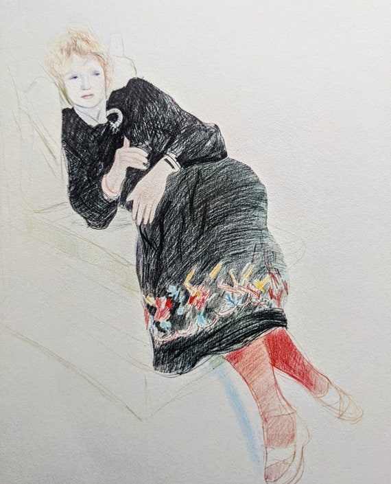 1978 David Hockney Celia in a Black Dress with Red Stockings, 1973 
