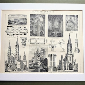 1908 Deutsche Kunst und Architektur Original Antiker Druck - Lithographie - Kirchen - Montiert & Mattiert - Wand Dekor