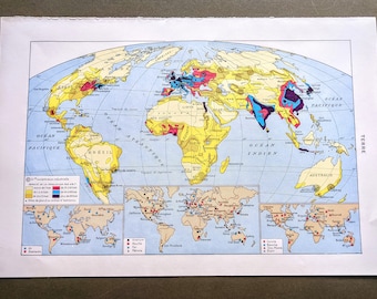 1948 Map of the World Original French Vintage Print - Atlas