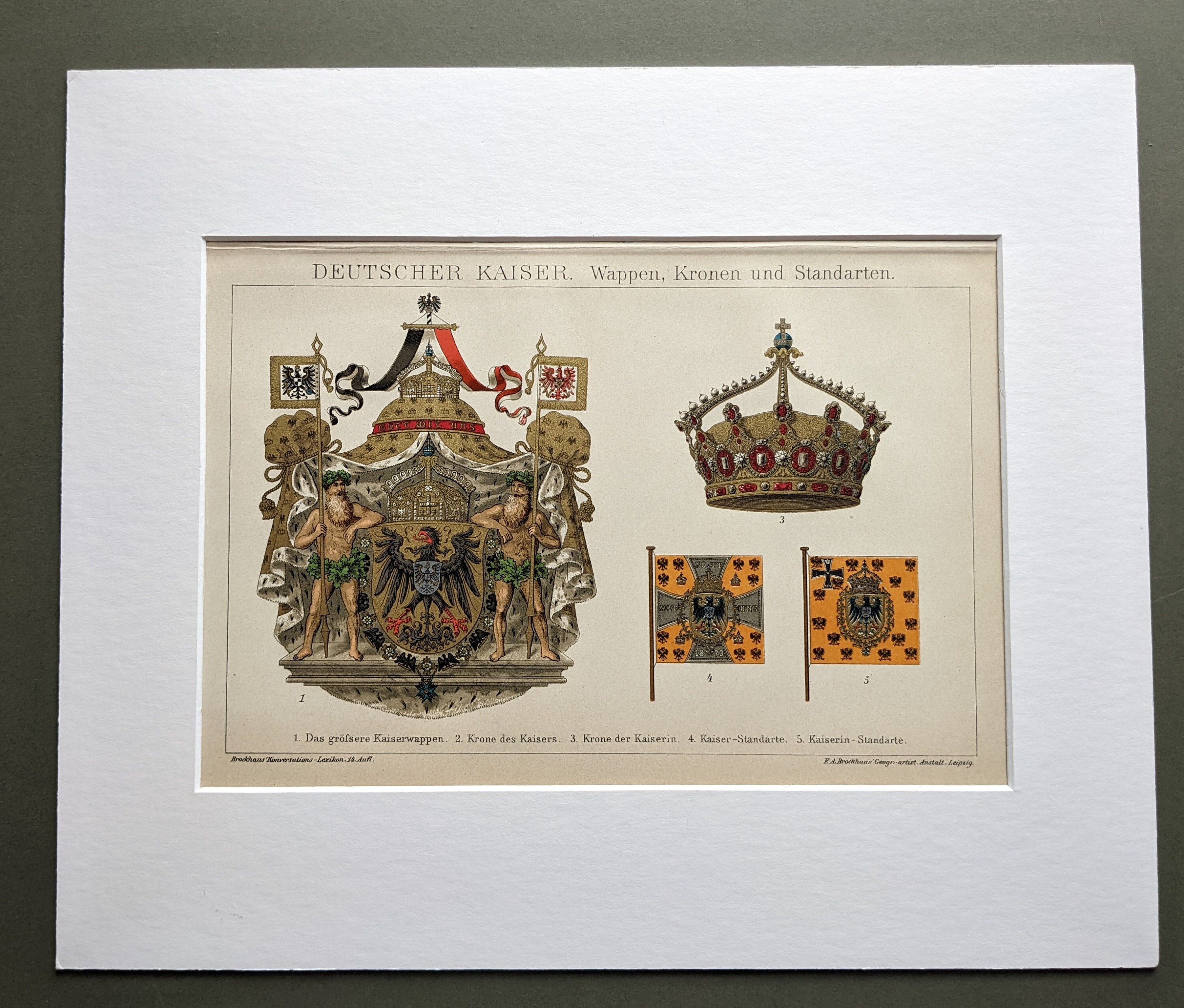 1908年ドイツ皇帝の紋章、王冠、旗オリジナルアンティークプリント
