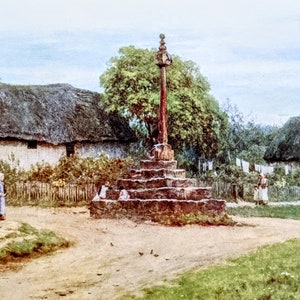 1909 Helen Allingham The Market Cross, Hagbourne Antiker Druck - Illustration - Britischer Aquarellist - Montiert - Viktorianischer Wanddekor