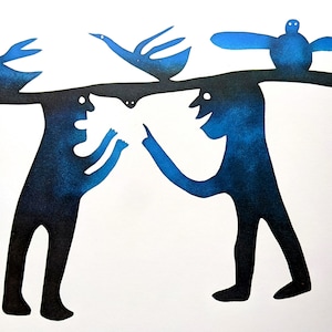 1974  Two Men Discussing Coming Hunt Kavavook/Eliyah Vintage Print - Inuit Art - Wall Décor