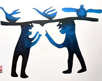 1974  Two Men Discussing Coming Hunt Kavavook/Eliyah Vintage Print - Inuit Art - Wall Décor