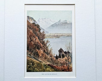 1930 The Castle Chillon Original Vintage Print - Mountains -   Alps - Europe -  Matted - Wall Décor