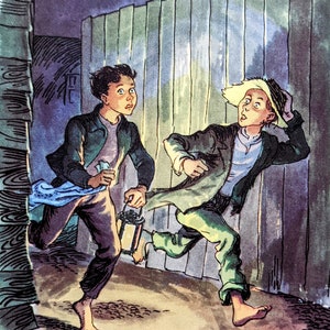 1955 Tom Sawyer, Huck and Tom Ran For Their Lives - Original Vintage Print -  Children&#39;s literature - Mounted & Matted - Wall Décor