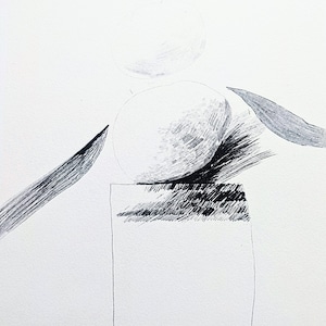 May include: A black and white abstract drawing of geometric shapes. The drawing features a circle, a rectangle, and two curved lines.