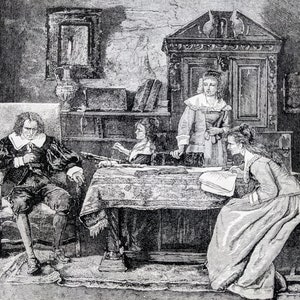 1878 Milton Dictating &#39;Paradise Lost&#39; to his Daughters From the Picture by M. Munkacsy Original Antique Engraving - Victorian Décor