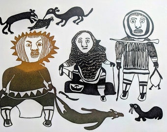 イヌイットの版画 | ニビアクシアク作アザラシ狩りのステンシル