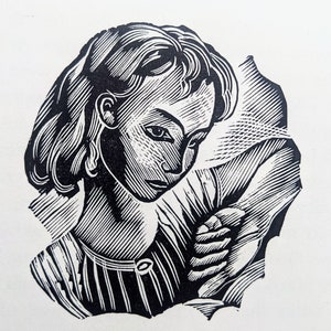 1950 John O' Connor Holzstich & Linolschnitt Gedruckt von den Originalblöcken ""Sheila Goes to School"" Größe ca. 5 x 5 cm.