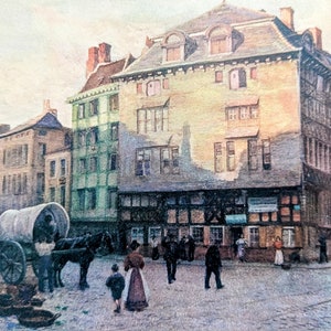 May include: A watercolour painting depicting a street scene in a European city. The painting features a cobbled street with a horse-drawn wagon in the foreground. There are several buildings in the background, including a tall building with a yellow facade and a green building with a timbered facade. The painting is done in a realistic style and captures the atmosphere of a bustling city.