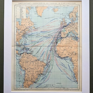 1908 大西洋の蒸気船航路 オリジナルアンティークプリント - リトグラフ - 地図作成 - 海図 - マウント - 壁装飾