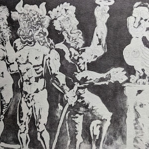 1956 Pablo Picasso, Paris, Toward 1935 (Two Men with Minotaur and Sculptured Bird). Combined technique c 1935. Original 1950's Antique Print