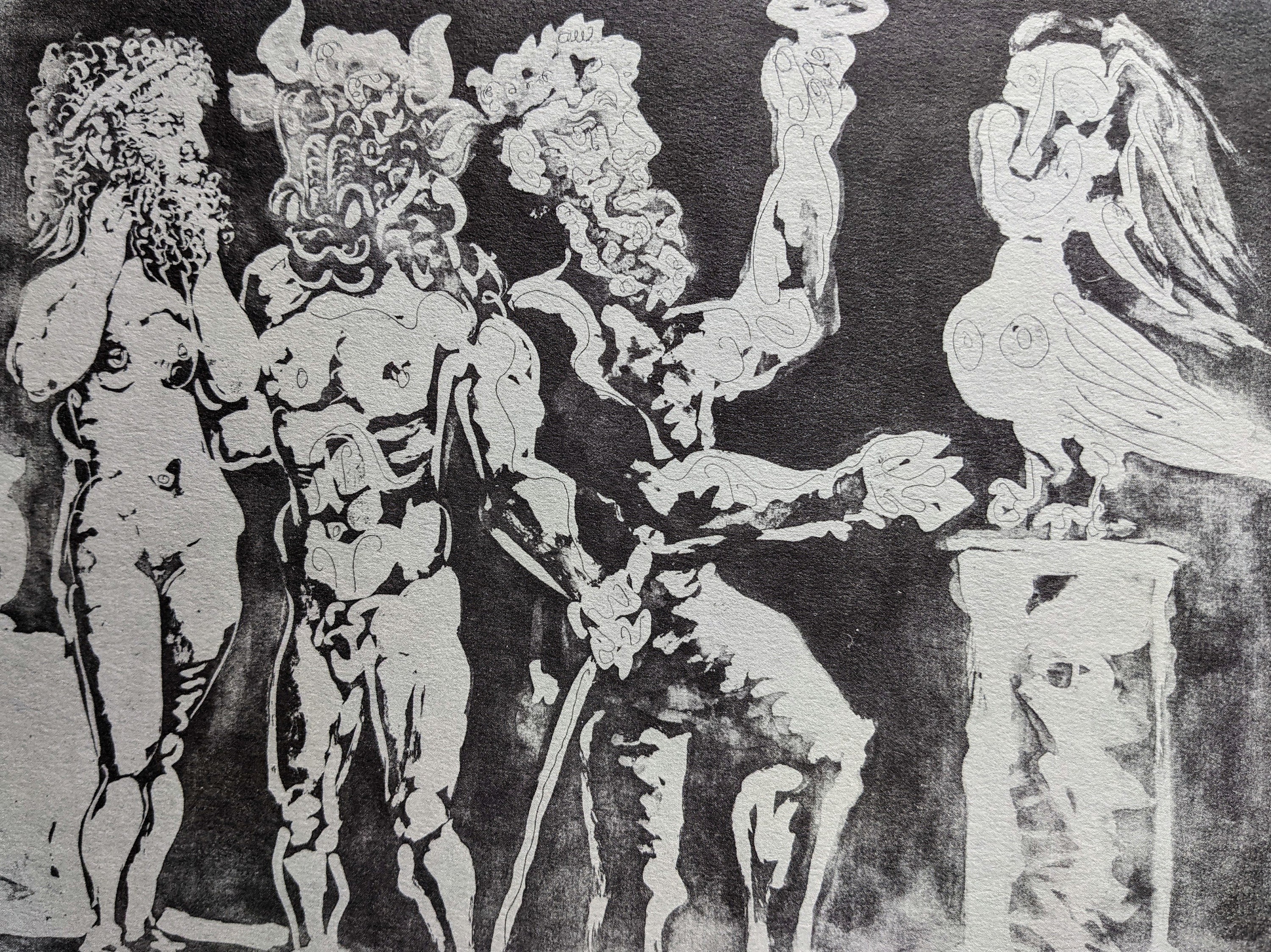 1956 Pablo Picasso, Paris, Toward 1935 (Two Men with Minotaur and Sculptured Bird). Combined technique c 1935. Original 1950's Antique Print