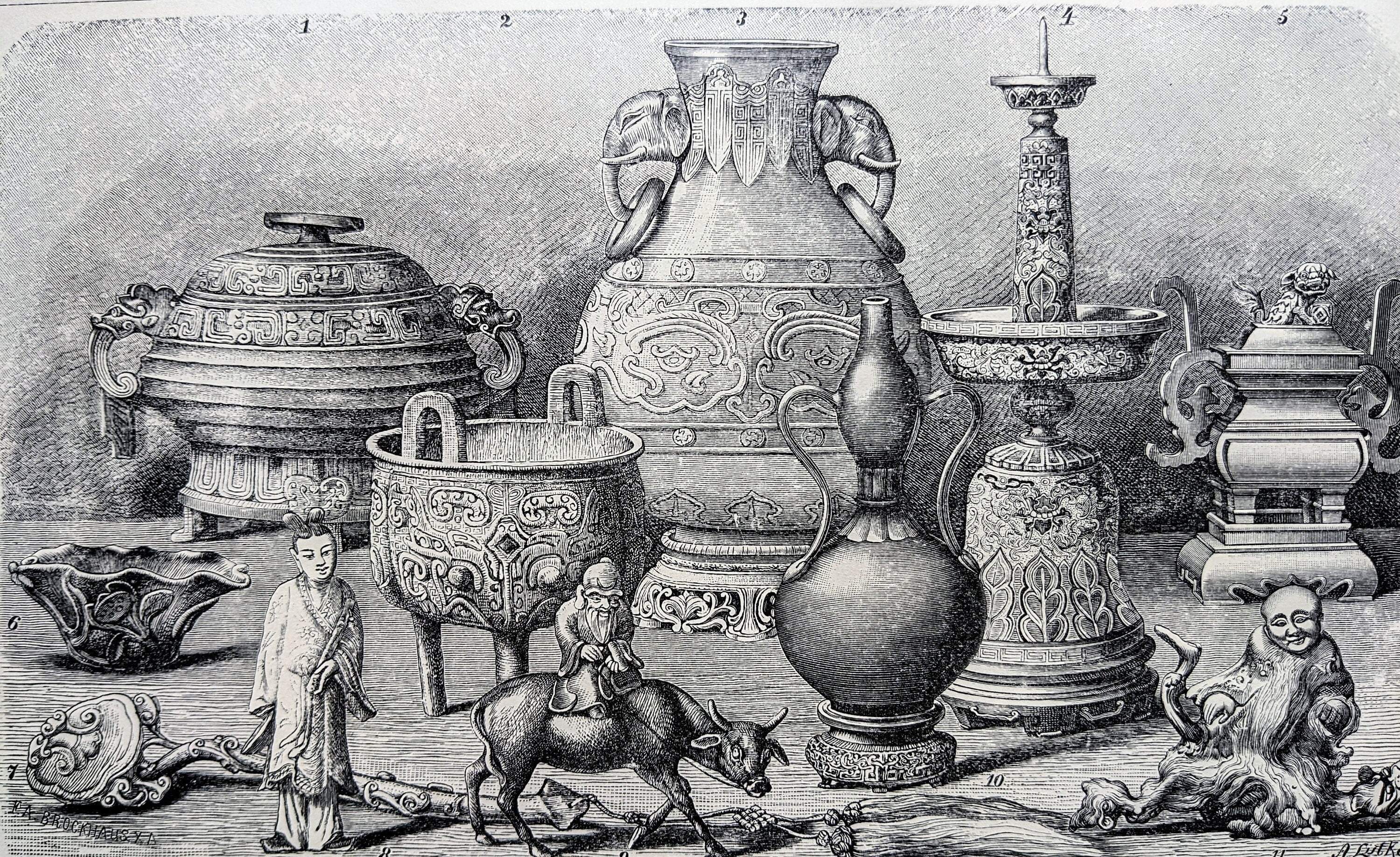 1908 Chinese Art From Different Periods II Original Antique Print - Bronze Sacrificial Vessel - Shang Dynasty -Mounted & Matted - Wall Décor