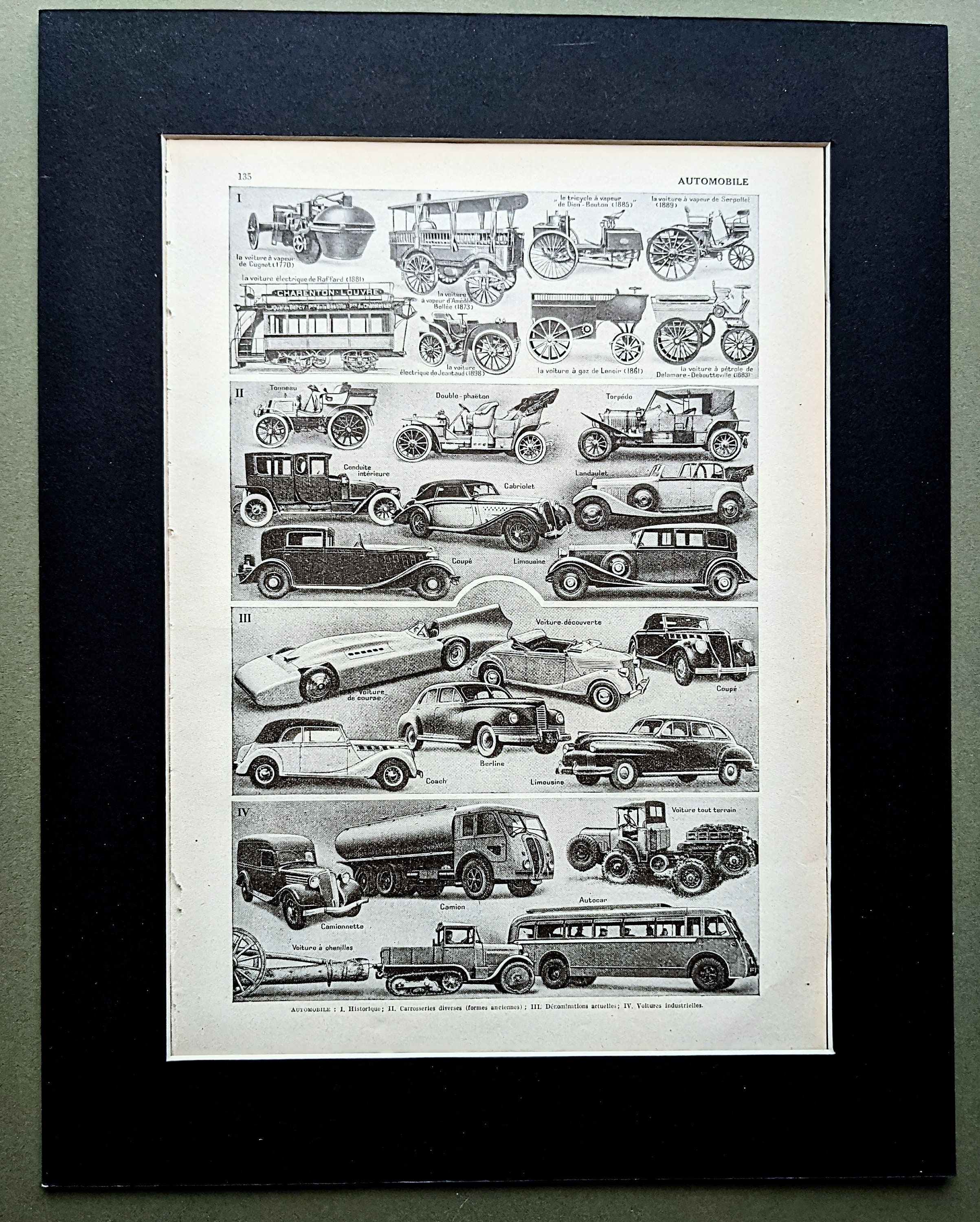 1948 The History of Automobiles Landaulet - Torpedo - Coupe -  Original Vintage Print - Mounted & Matted - Wall Decor