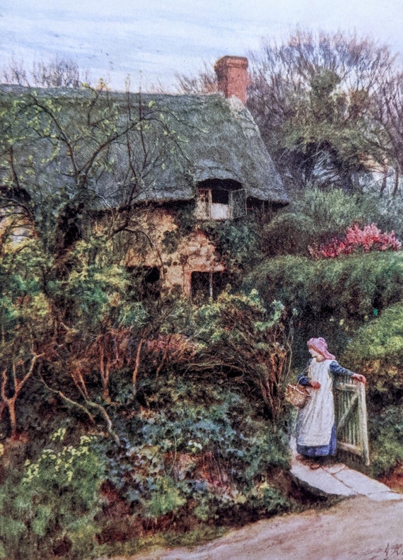 1909 Helen Allingham. One of Lord Tennyson's Cottage Antique Print