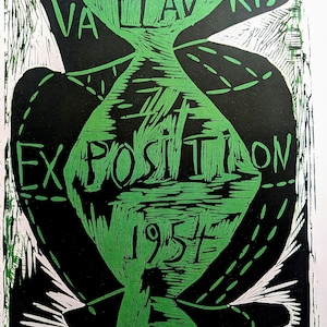 Exposición Pablo Picasso Vallauris 1957 - Litografía - Póster de Jarrón Negro y Verde, tamaño aproximado: 14 x 10 pulgadas
