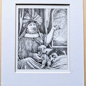 Peut inclure: Une illustration en noir et blanc d'une femme portant une coiffe à plumes, tenant un petit chien et pointant vers une fenêtre avec une scène de lever de soleil.