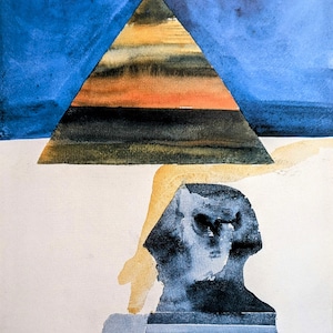 May include: Watercolor painting featuring a pyramid with orange, black, and yellow horizontal stripes, set against a blue sky. Below the pyramid is a stylized depiction of a sphinx in shades of blue and gray. The artwork has a minimalist style.
